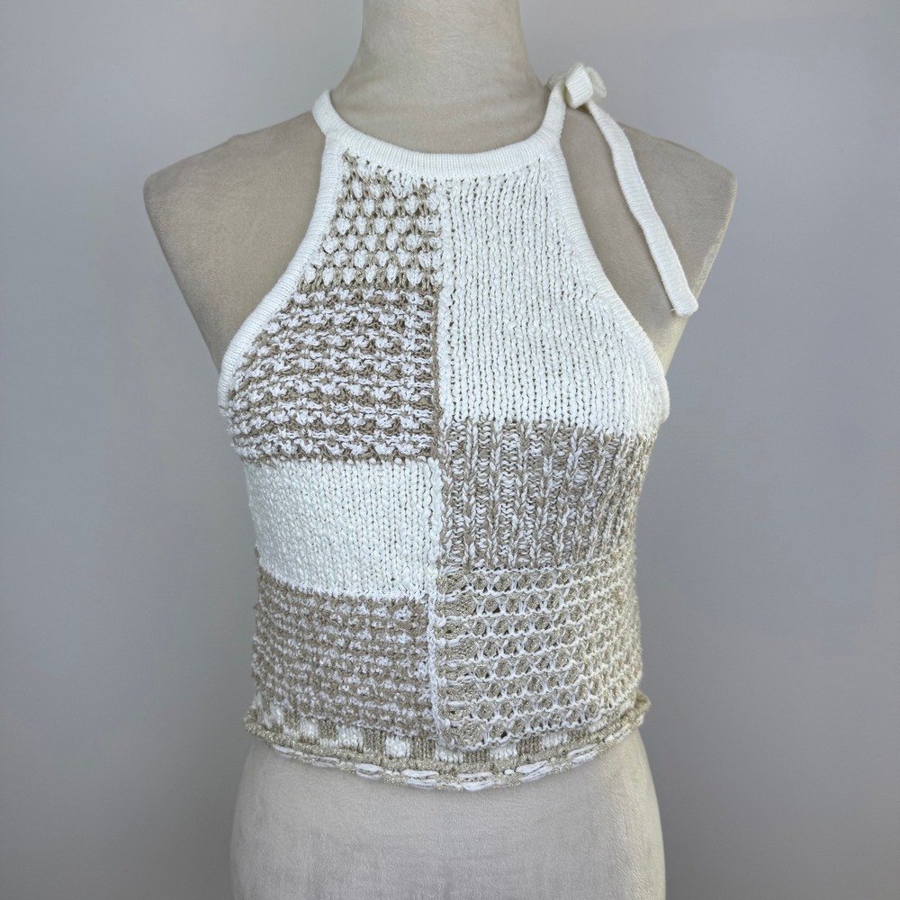 Anthropologie Cream and Beige Patchwork Knit Halter Tank